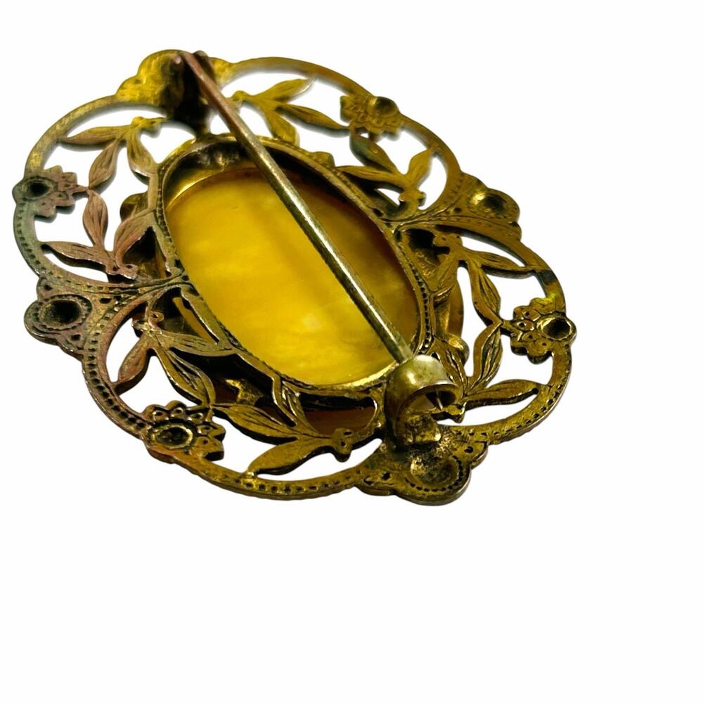 Vintage Amber Cabochon Brooch Filigree Bronze Tone Victorian Revival - Picture 6 of 12